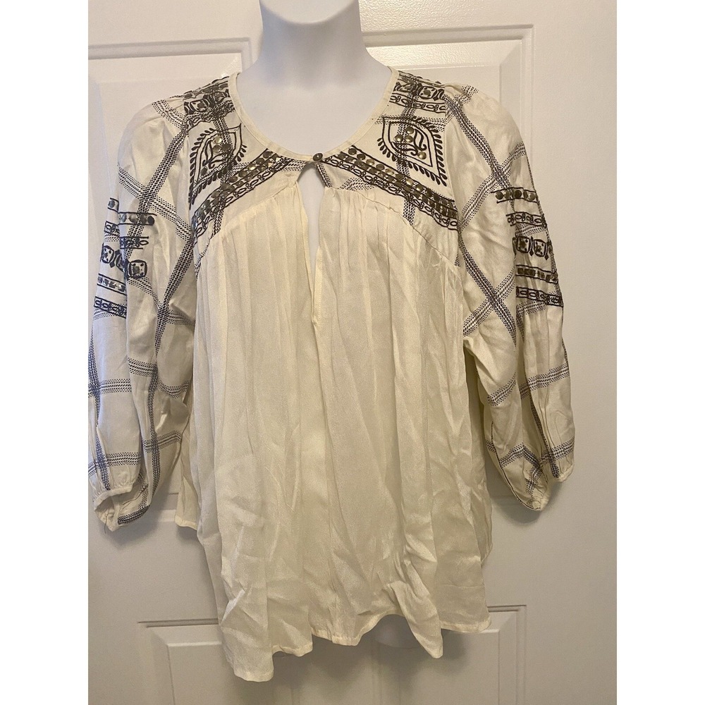 Muche et Muchette O/S Large Ivory Boho Embroidered Cottagecore Shirt Top‎ Womens